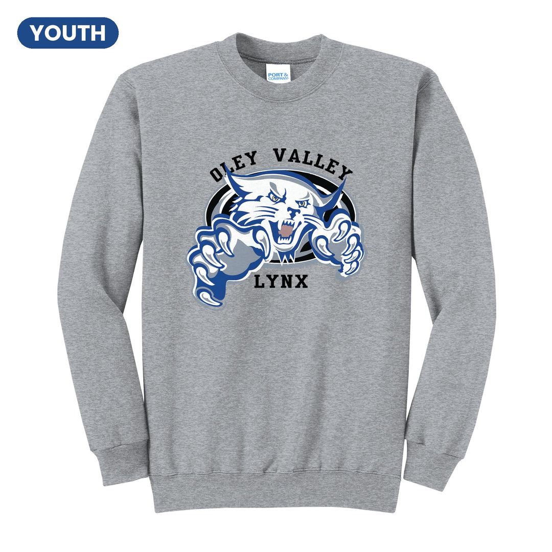 Oley Valley Lynx Mascot Crest youth crewneck sweatshirt in Athletic Heather: the full-color lynx mascot bursting out of an oval, with Oley Valley arched above and LYNX below