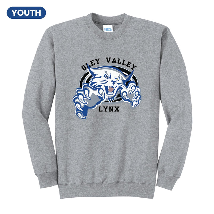 Oley Valley Lynx Mascot Crest youth crewneck sweatshirt in Athletic Heather: the full-color lynx mascot bursting out of an oval, with Oley Valley arched above and LYNX below