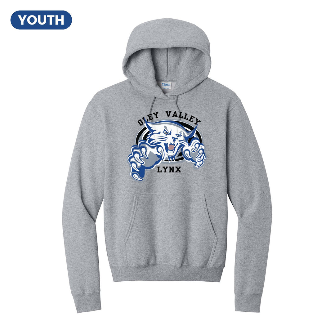 Oley Valley Lynx Mascot Crest youth hoodie in Athletic Heather: the full-color lynx mascot bursting out of an oval, with Oley Valley arched above and LYNX below