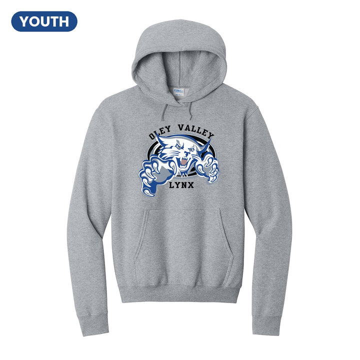 Oley Valley Lynx Mascot Crest youth hoodie in Athletic Heather: the full-color lynx mascot bursting out of an oval, with Oley Valley arched above and LYNX below