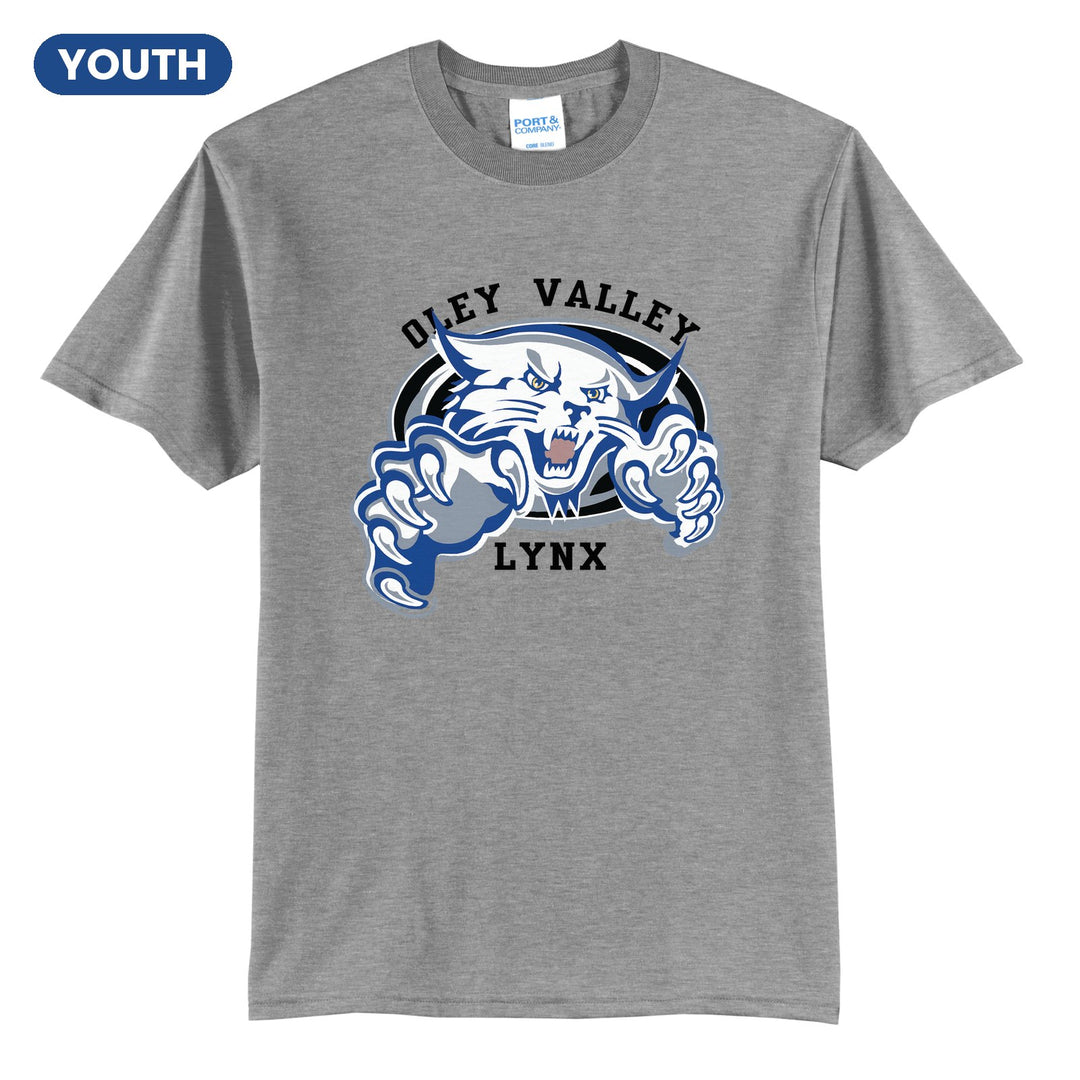 Oley Valley Lynx Mascot Crest youth t-shirt in Athletic Heather: the full-color lynx mascot bursting out of an oval, with Oley Valley arched above and LYNX below