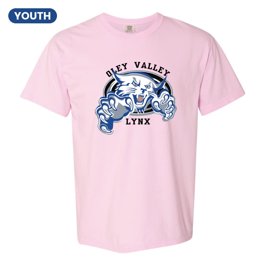 Oley Valley Lynx Mascot Crest youth comfort colors t-shirt in Blossom: the full-color lynx mascot bursting out of an oval, with Oley Valley arched above and LYNX below
