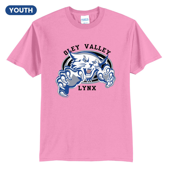 Oley Valley Lynx Mascot Crest youth t-shirt in Candy Pink: the full-color lynx mascot bursting out of an oval, with Oley Valley arched above and LYNX below