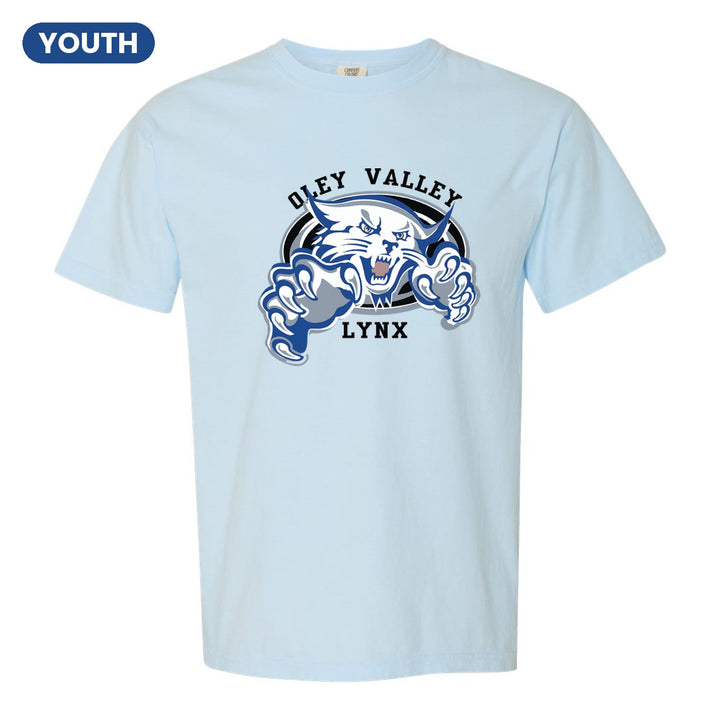 Oley Valley Lynx Mascot Crest youth comfort colors t-shirt in Chambray: the full-color lynx mascot bursting out of an oval, with Oley Valley arched above and LYNX below
