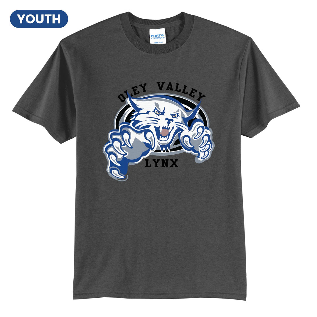 Oley Valley Lynx Mascot Crest youth t-shirt in Charcoal: the full-color lynx mascot bursting out of an oval, with Oley Valley arched above and LYNX below