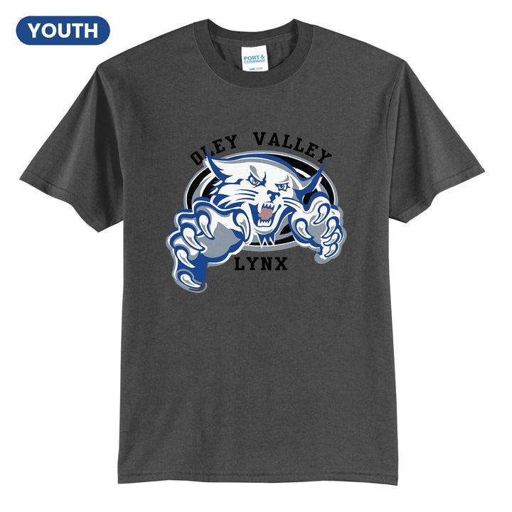 Oley Valley Lynx Mascot Crest youth t-shirt in Charcoal: the full-color lynx mascot bursting out of an oval, with Oley Valley arched above and LYNX below