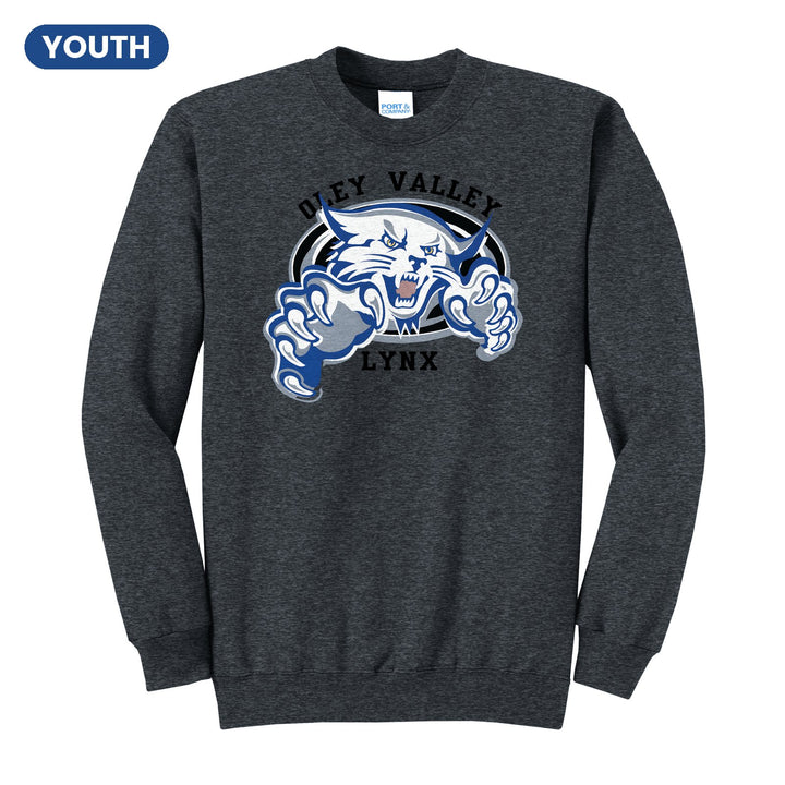 Oley Valley Lynx Mascot Crest youth crewneck sweatshirt in Dark Heather Grey: the full-color lynx mascot bursting out of an oval, with Oley Valley arched above and LYNX below