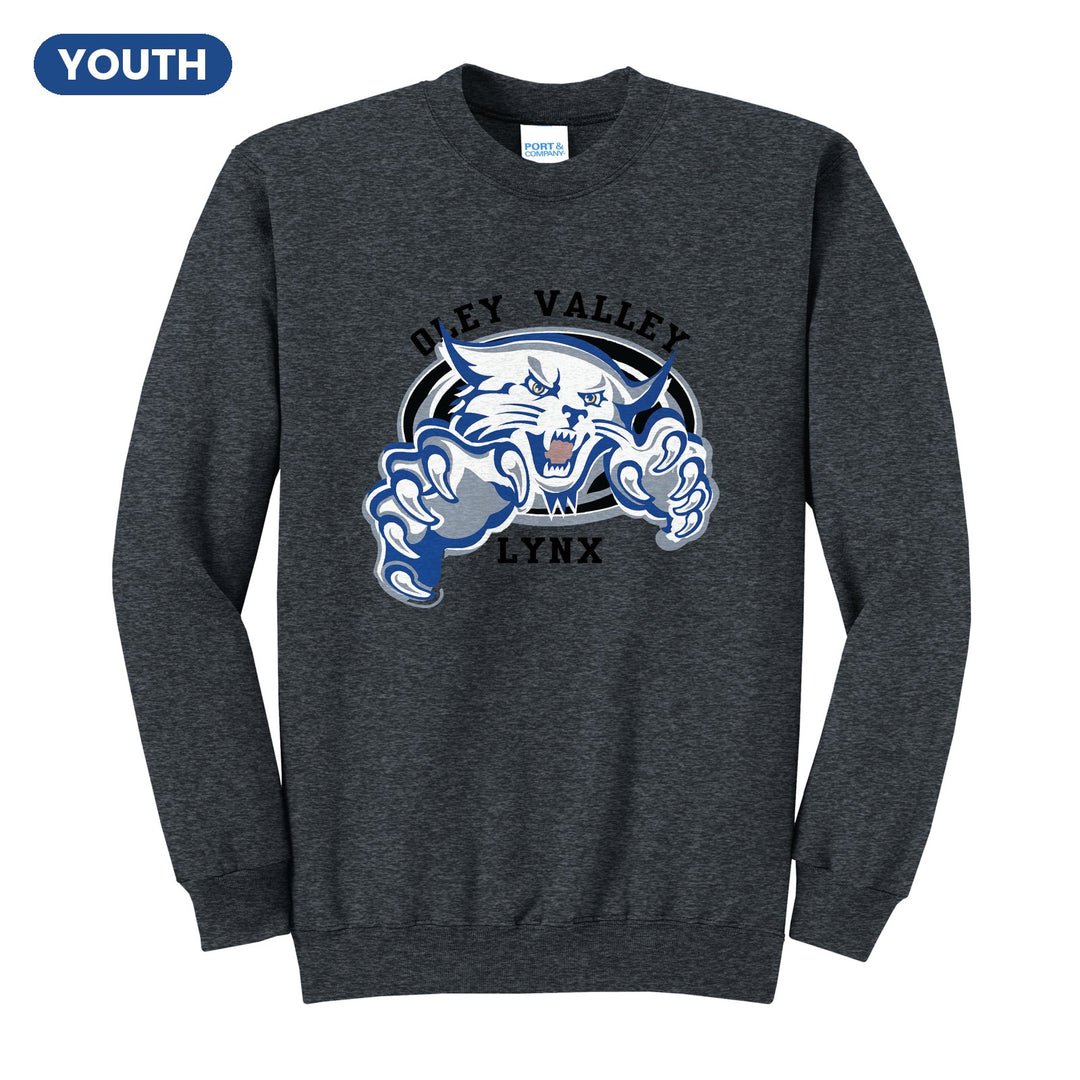 Oley Valley Lynx Mascot Crest youth crewneck sweatshirt in Dark Heather Grey: the full-color lynx mascot bursting out of an oval, with Oley Valley arched above and LYNX below