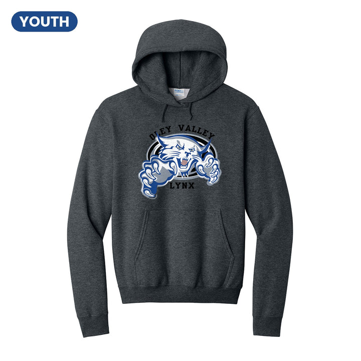 Oley Valley Lynx Mascot Crest youth hoodie in Dark Heather Grey: the full-color lynx mascot bursting out of an oval, with Oley Valley arched above and LYNX below