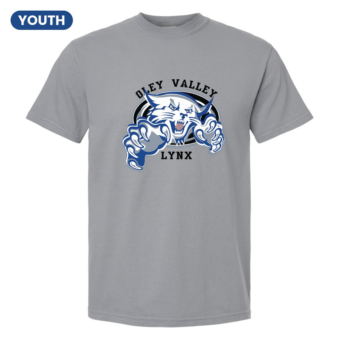 Oley Valley Lynx Mascot Crest youth comfort colors t-shirt in Granite: the full-color lynx mascot bursting out of an oval, with Oley Valley arched above and LYNX below