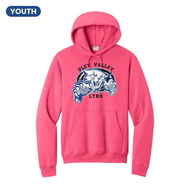 Oley Valley Lynx Mascot Crest youth hoodie in Neon Pink: the full-color lynx mascot bursting out of an oval, with Oley Valley arched above and LYNX below