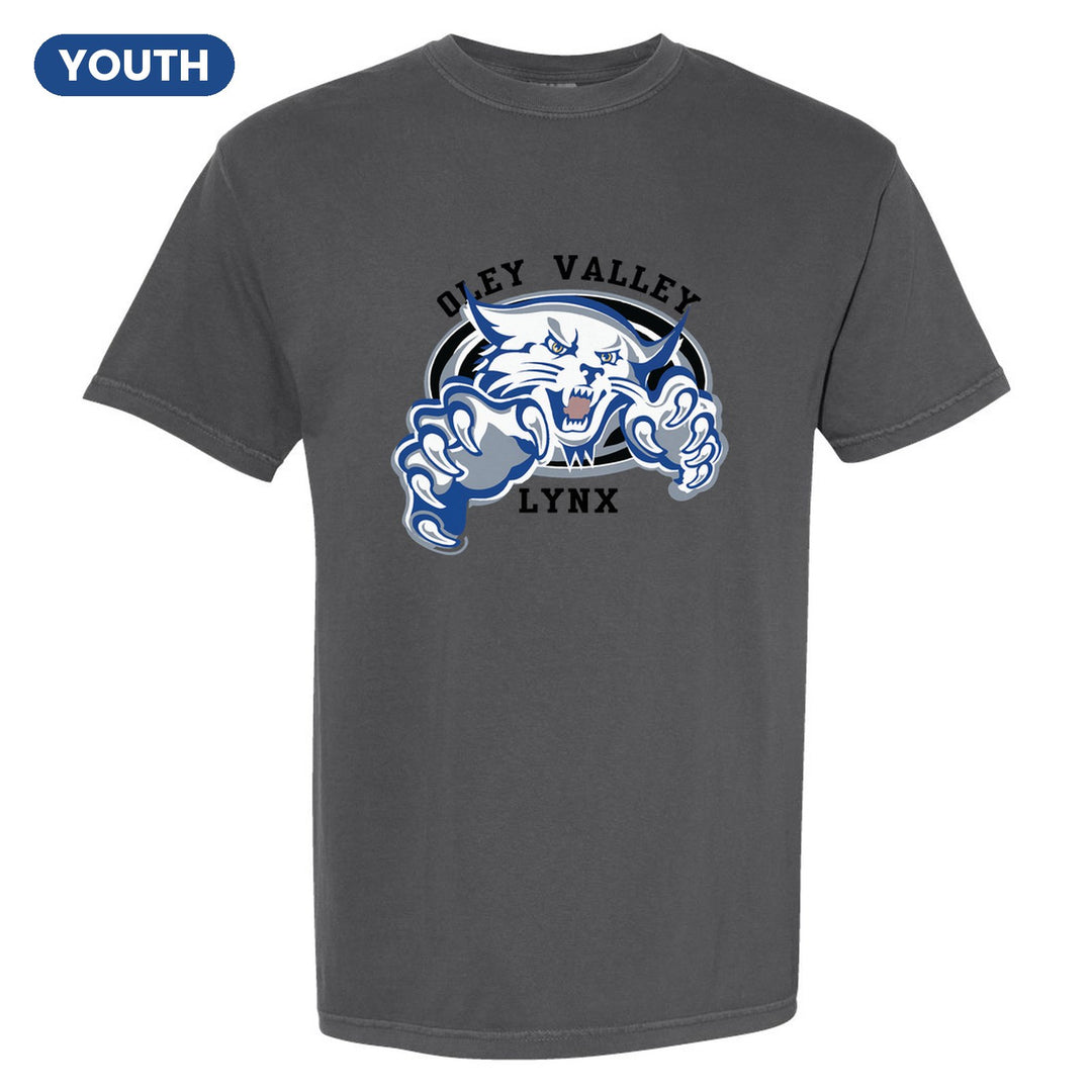 Oley Valley Lynx Mascot Crest youth comfort colors t-shirt in Pepper: the full-color lynx mascot bursting out of an oval, with Oley Valley arched above and LYNX below