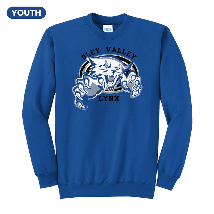Oley Valley Lynx Mascot Crest youth crewneck sweatshirt in Royal: the full-color lynx mascot bursting out of an oval, with Oley Valley arched above and LYNX below