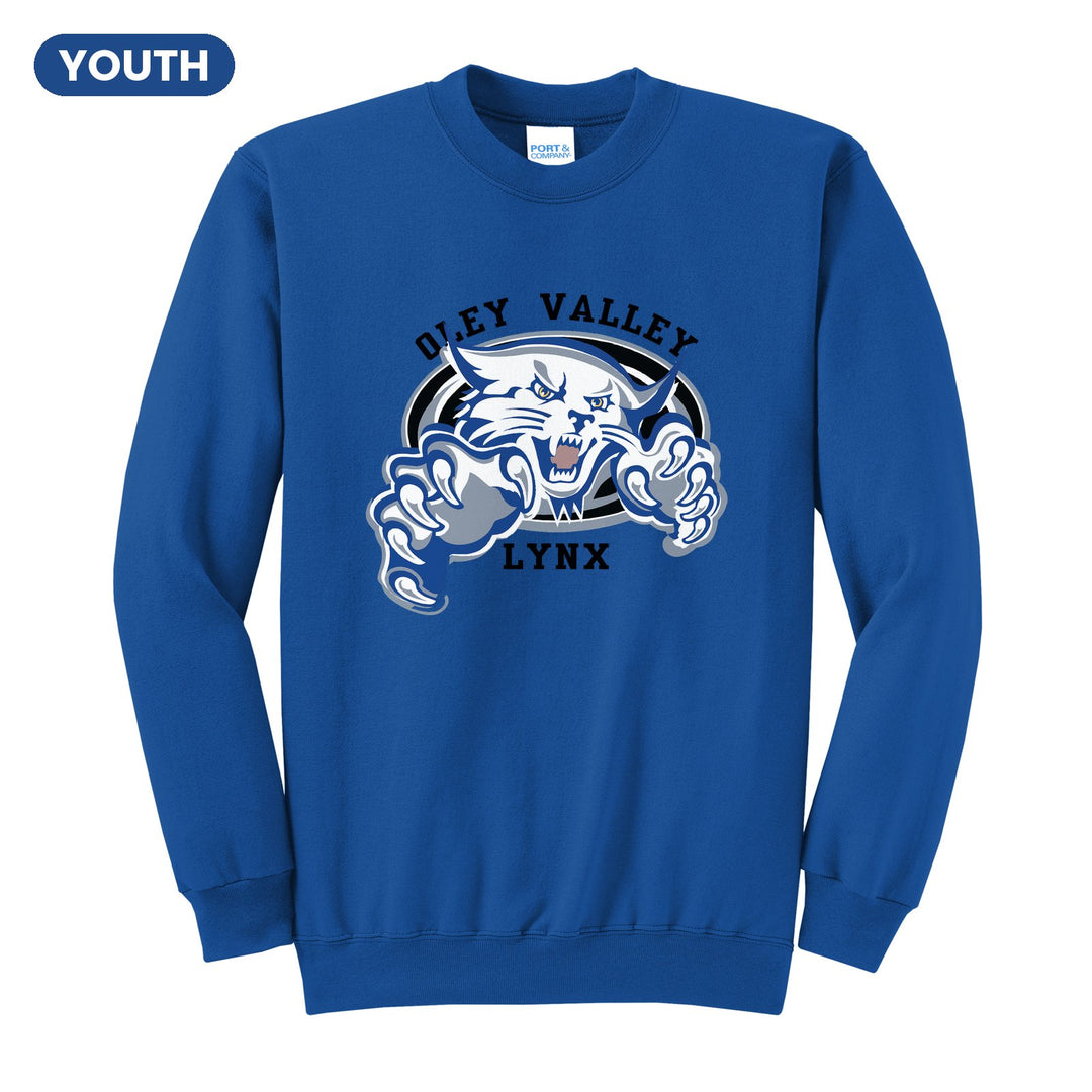 Oley Valley Lynx Mascot Crest youth crewneck sweatshirt in Royal: the full-color lynx mascot bursting out of an oval, with Oley Valley arched above and LYNX below
