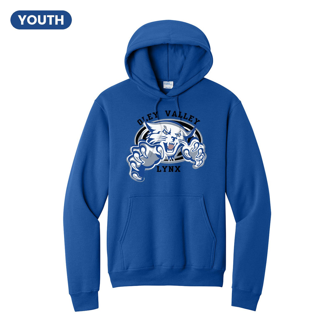 Oley Valley Lynx Mascot Crest youth hoodie in Royal: the full-color lynx mascot bursting out of an oval, with Oley Valley arched above and LYNX below