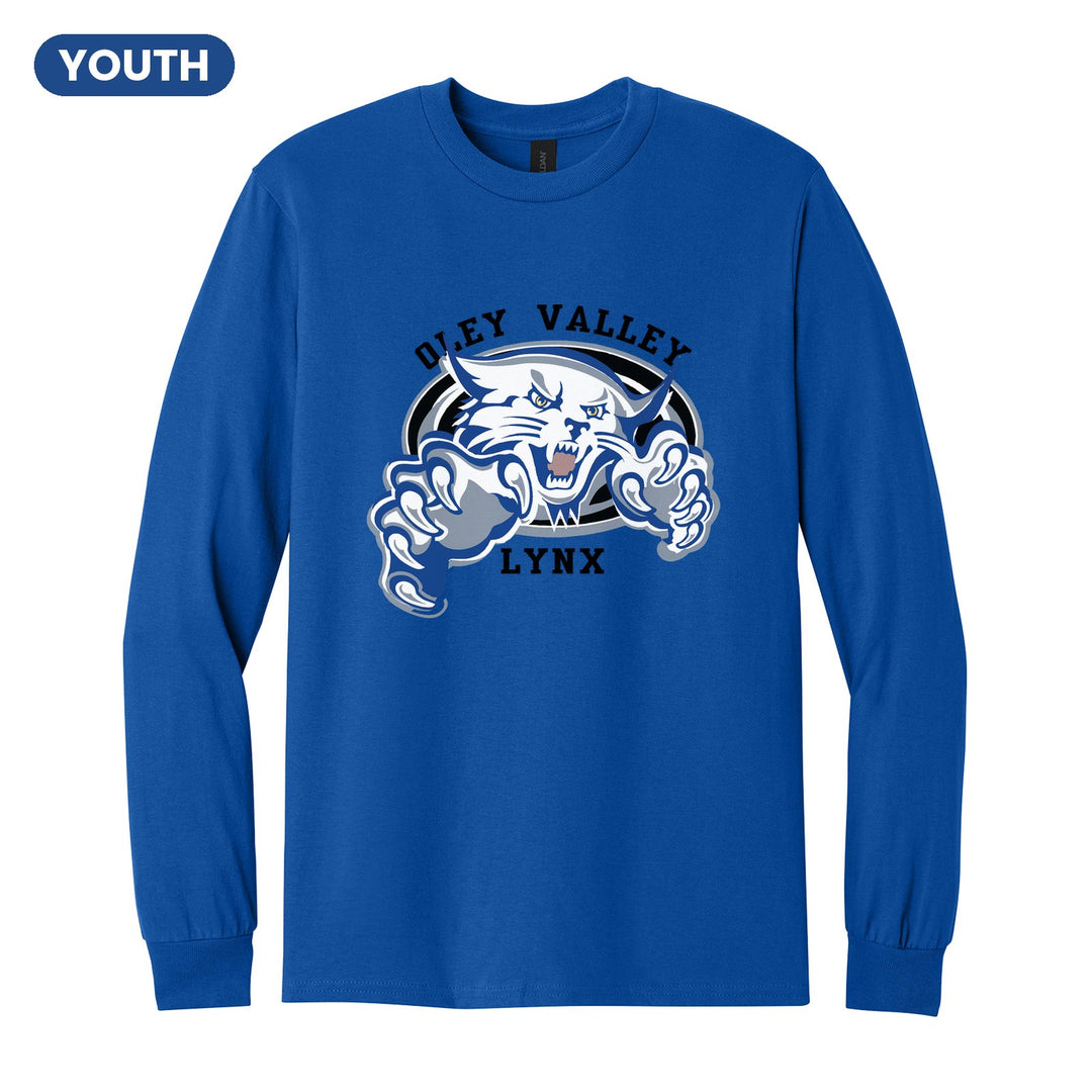 Oley Valley Lynx Mascot Crest youth long sleeve t-shirt in Royal: the full-color lynx mascot bursting out of an oval, with Oley Valley arched above and LYNX below