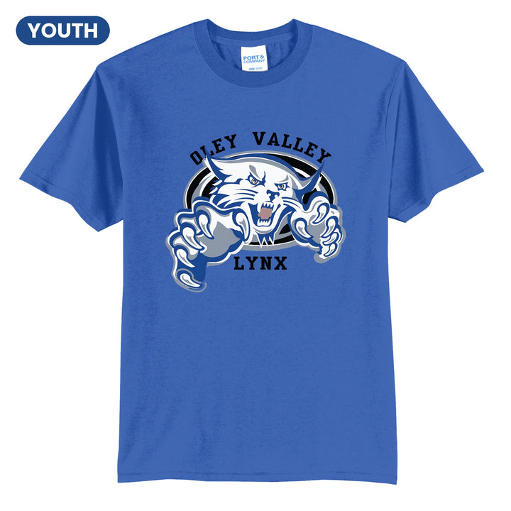 Oley Valley Lynx Mascot Crest youth t-shirt in Royal: the full-color lynx mascot bursting out of an oval, with Oley Valley arched above and LYNX below