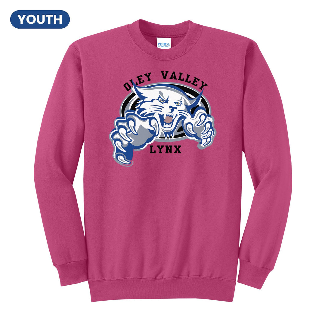 Oley Valley Lynx Mascot Crest youth crewneck sweatshirt in Sangria: the full-color lynx mascot bursting out of an oval, with Oley Valley arched above and LYNX below