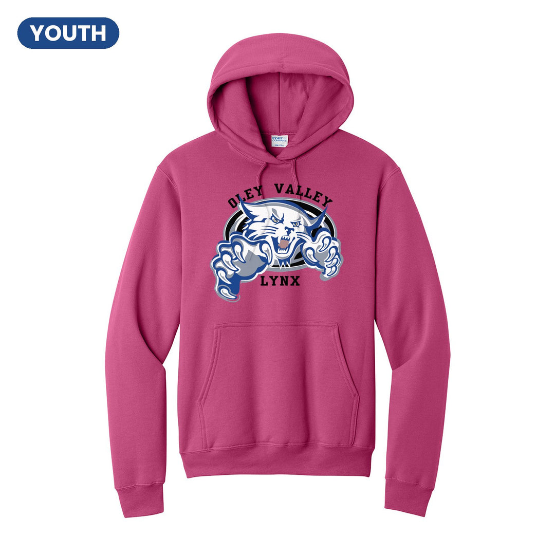 Oley Valley Lynx Mascot Crest youth hoodie in Sangria: the full-color lynx mascot bursting out of an oval, with Oley Valley arched above and LYNX below