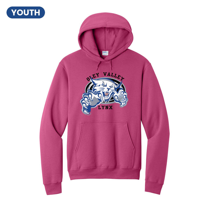 Oley Valley Lynx Mascot Crest youth hoodie in Sangria: the full-color lynx mascot bursting out of an oval, with Oley Valley arched above and LYNX below