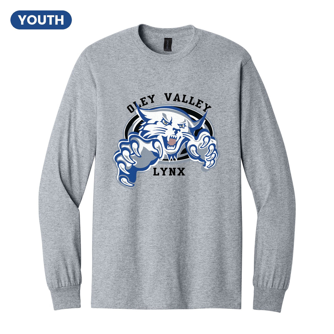 Oley Valley Lynx Mascot Crest youth long sleeve t-shirt in Sport Grey: the full-color lynx mascot bursting out of an oval, with Oley Valley arched above and LYNX below