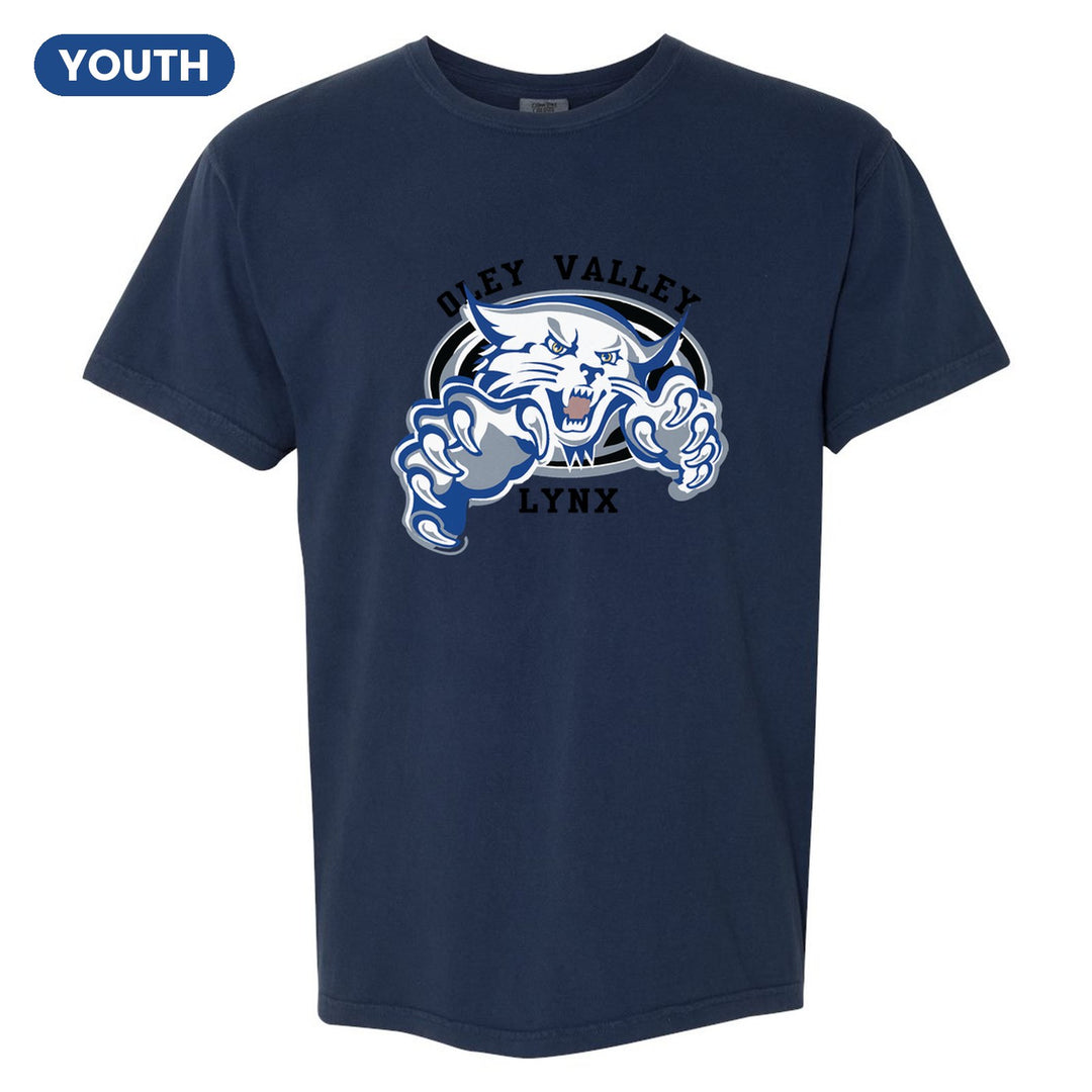 Oley Valley Lynx Mascot Crest youth comfort colors t-shirt in True Navy: the full-color lynx mascot bursting out of an oval, with Oley Valley arched above and LYNX below