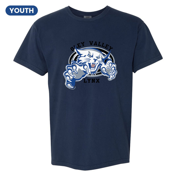 Oley Valley Lynx Mascot Crest youth comfort colors t-shirt in True Navy: the full-color lynx mascot bursting out of an oval, with Oley Valley arched above and LYNX below