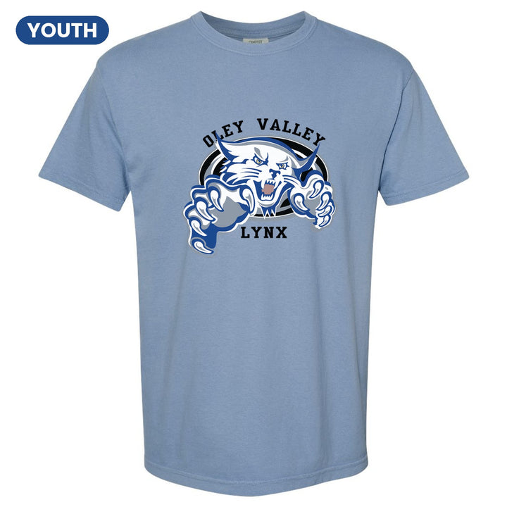 Oley Valley Lynx Mascot Crest youth comfort colors t-shirt in Washed Denim: the full-color lynx mascot bursting out of an oval, with Oley Valley arched above and LYNX below