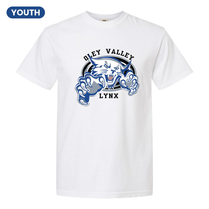 Oley Valley Lynx Mascot Crest youth comfort colors t-shirt in White: the full-color lynx mascot bursting out of an oval, with Oley Valley arched above and LYNX below