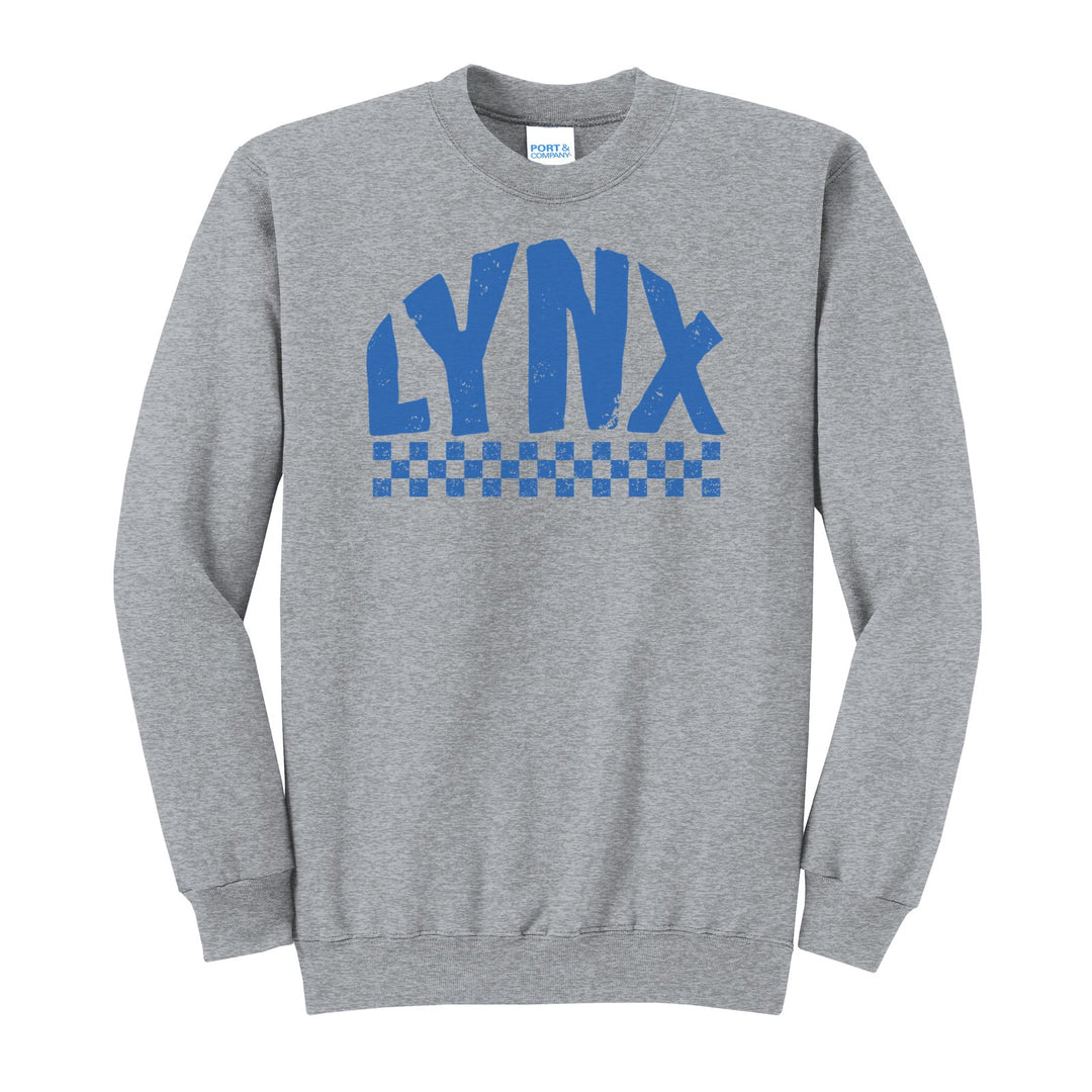 Oley Valley Lynx Checkered crewneck sweatshirt in Athletic Heather: distressed LYNX lettering over a checkerboard band