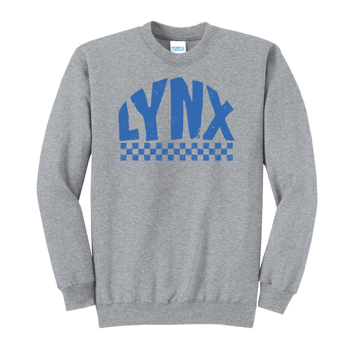 Oley Valley Lynx Checkered crewneck sweatshirt in Athletic Heather: distressed LYNX lettering over a checkerboard band