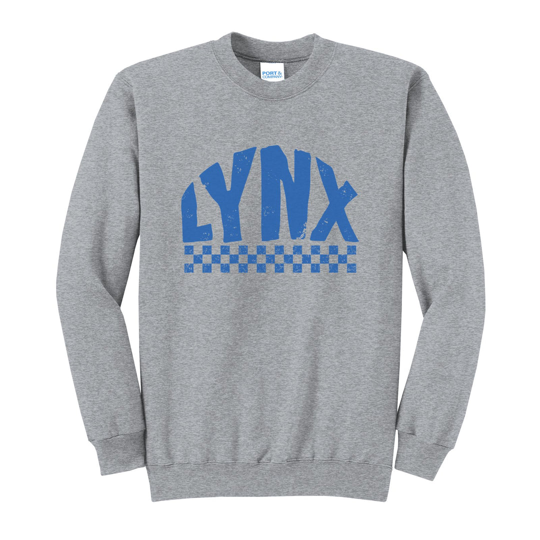 Oley Valley Lynx Checkered crewneck sweatshirt in Athletic Heather: distressed LYNX lettering over a checkerboard band