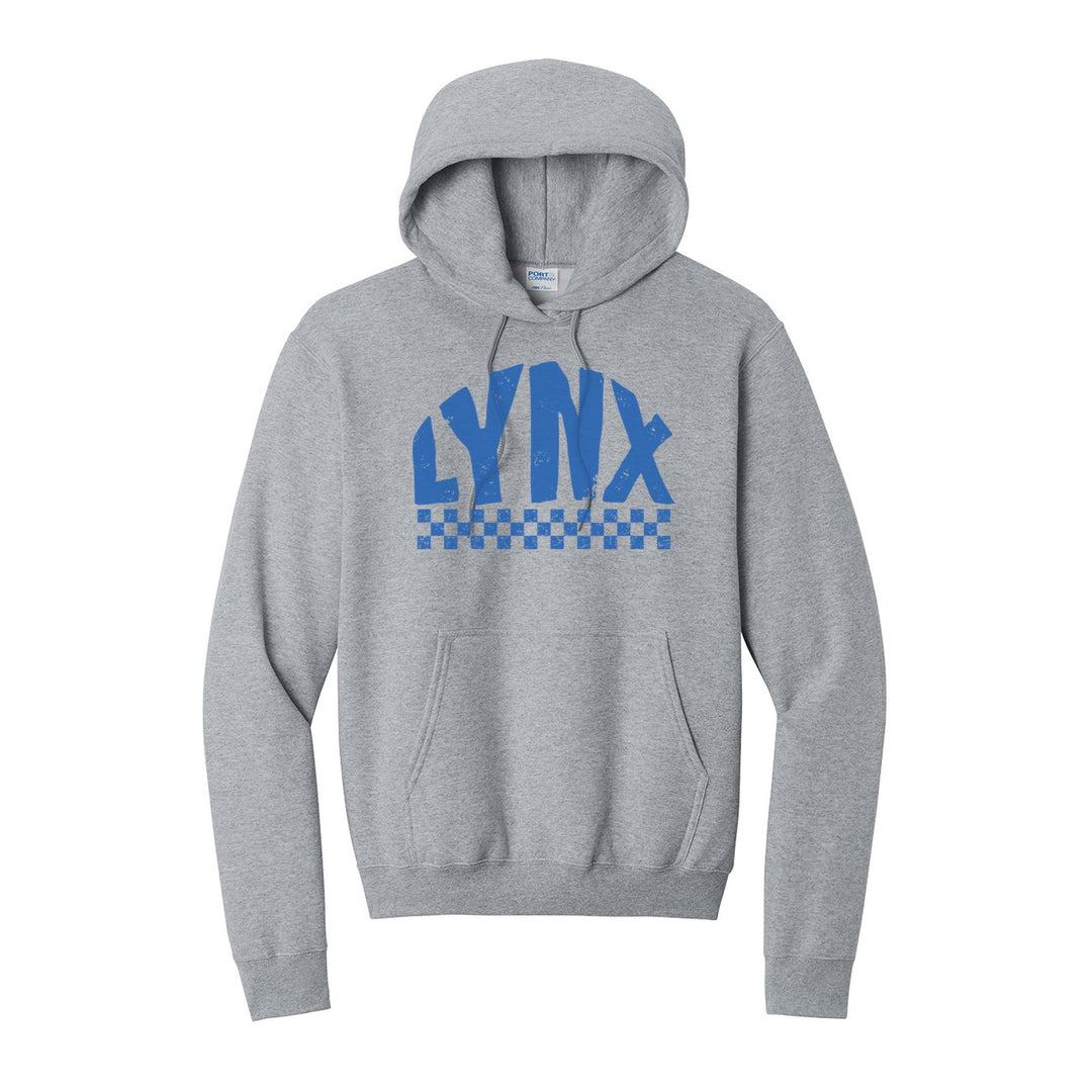 Oley Valley Lynx Checkered hoodie in Athletic Heather: distressed LYNX lettering over a checkerboard band