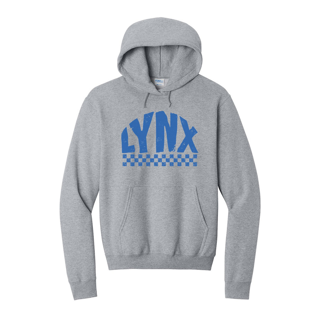 Oley Valley Lynx Checkered hoodie in Athletic Heather: distressed LYNX lettering over a checkerboard band