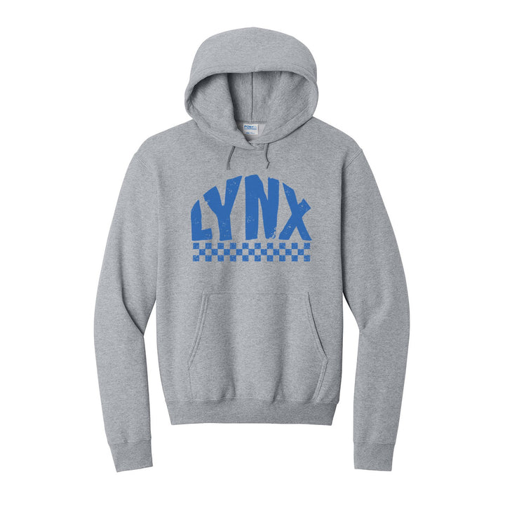 Oley Valley Lynx Checkered hoodie in Athletic Heather: distressed LYNX lettering over a checkerboard band