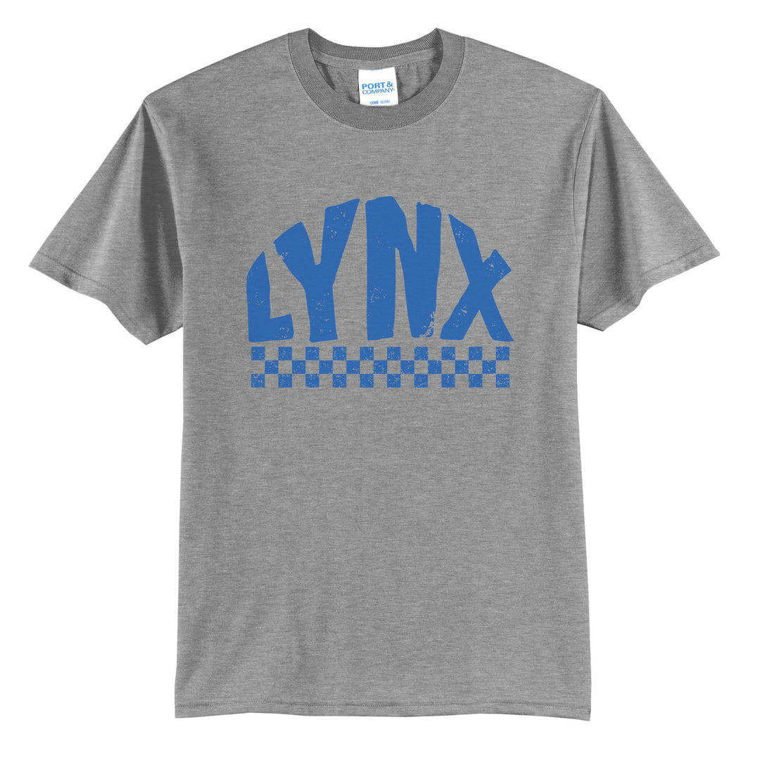 Oley Valley Lynx Checkered t-shirt in Athletic Heather: distressed LYNX lettering over a checkerboard band