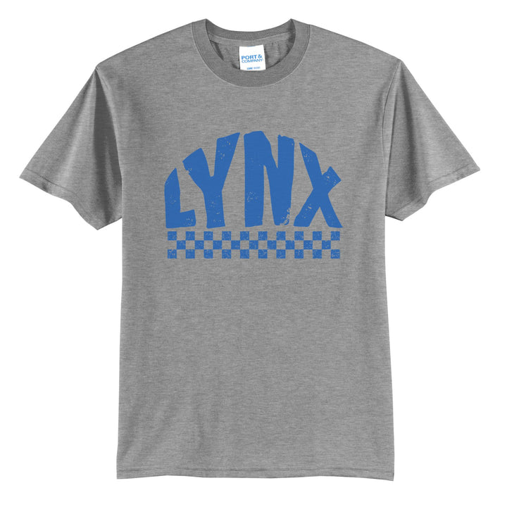 Oley Valley Lynx Checkered t-shirt in Athletic Heather: distressed LYNX lettering over a checkerboard band