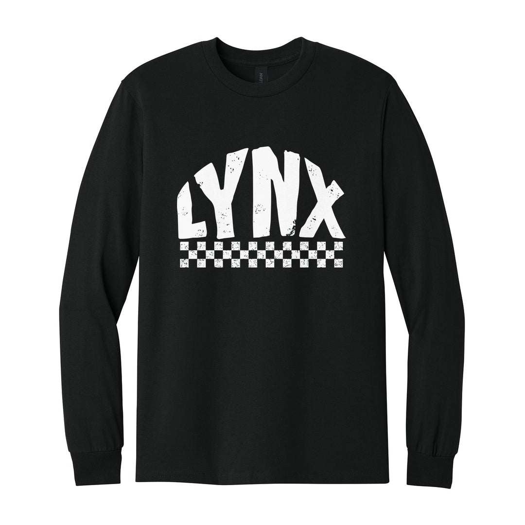 Oley Valley Lynx Checkered long sleeve t-shirt in Black: distressed LYNX lettering over a checkerboard band