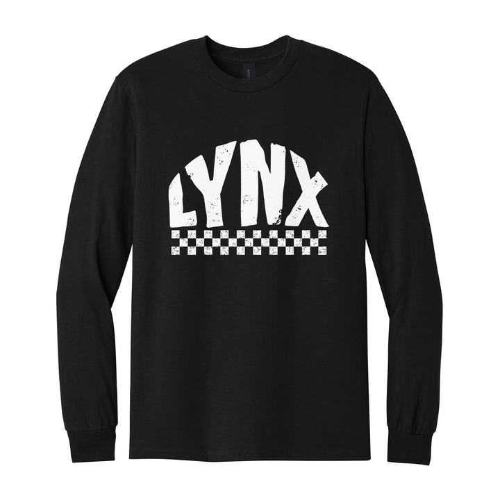 Oley Valley Lynx Checkered long sleeve t-shirt in Black: distressed LYNX lettering over a checkerboard band