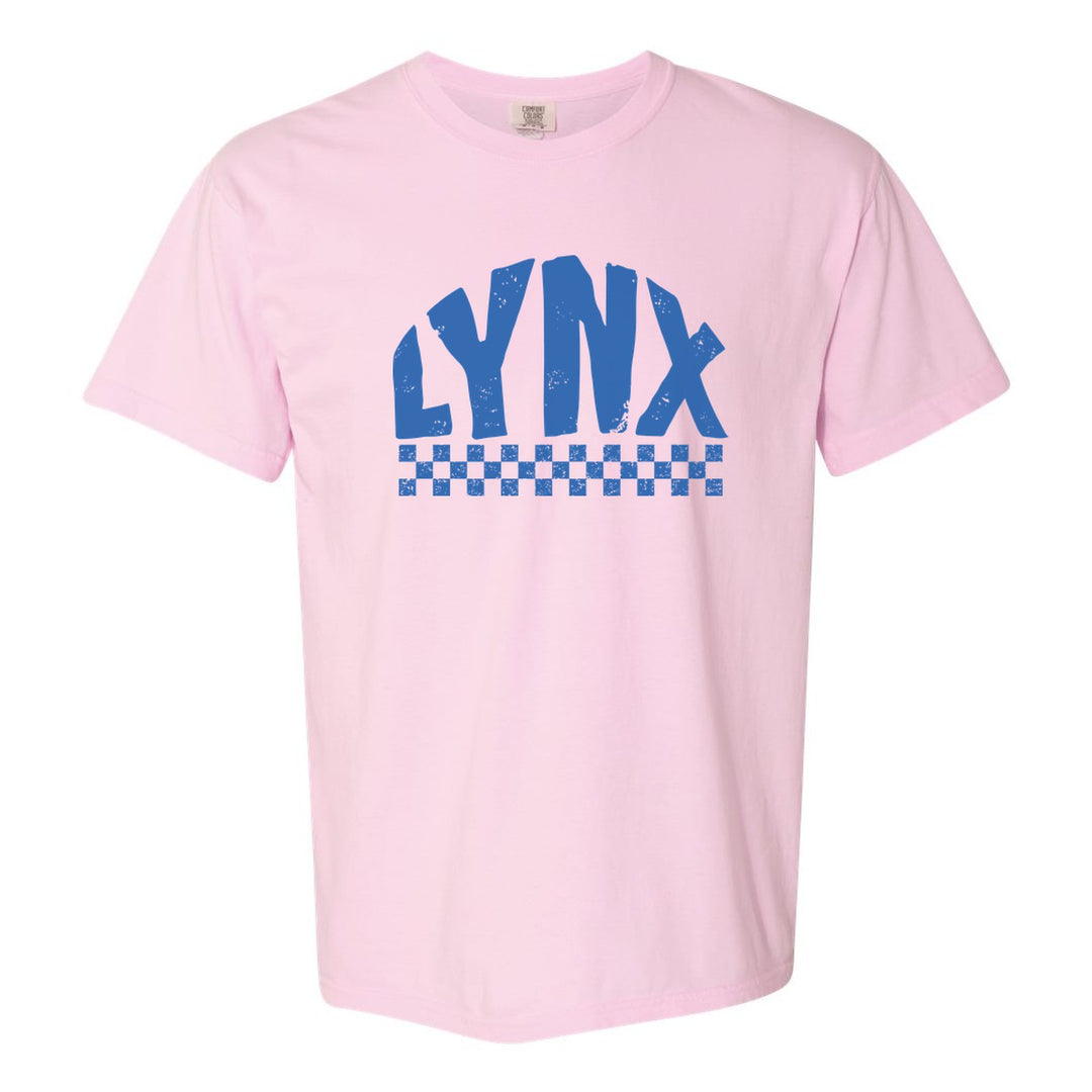 Oley Valley Lynx Checkered comfort colors t-shirt in Blossom: distressed LYNX lettering over a checkerboard band