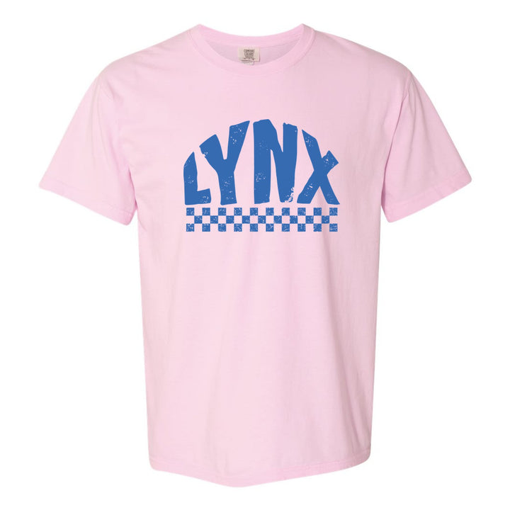 Oley Valley Lynx Checkered comfort colors t-shirt in Blossom: distressed LYNX lettering over a checkerboard band