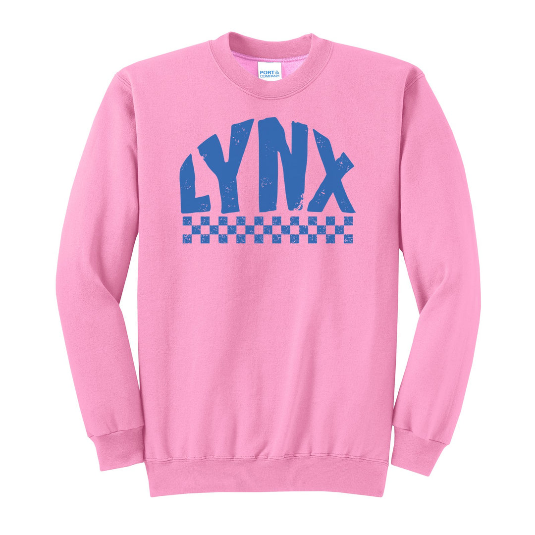 Oley Valley Lynx Checkered crewneck sweatshirt in Candy Pink: distressed LYNX lettering over a checkerboard band