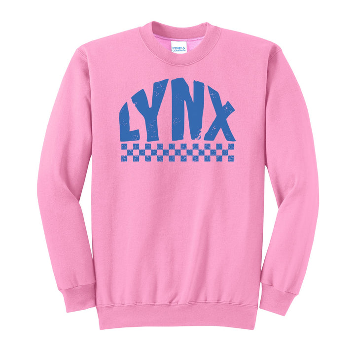 Oley Valley Lynx Checkered crewneck sweatshirt in Candy Pink: distressed LYNX lettering over a checkerboard band