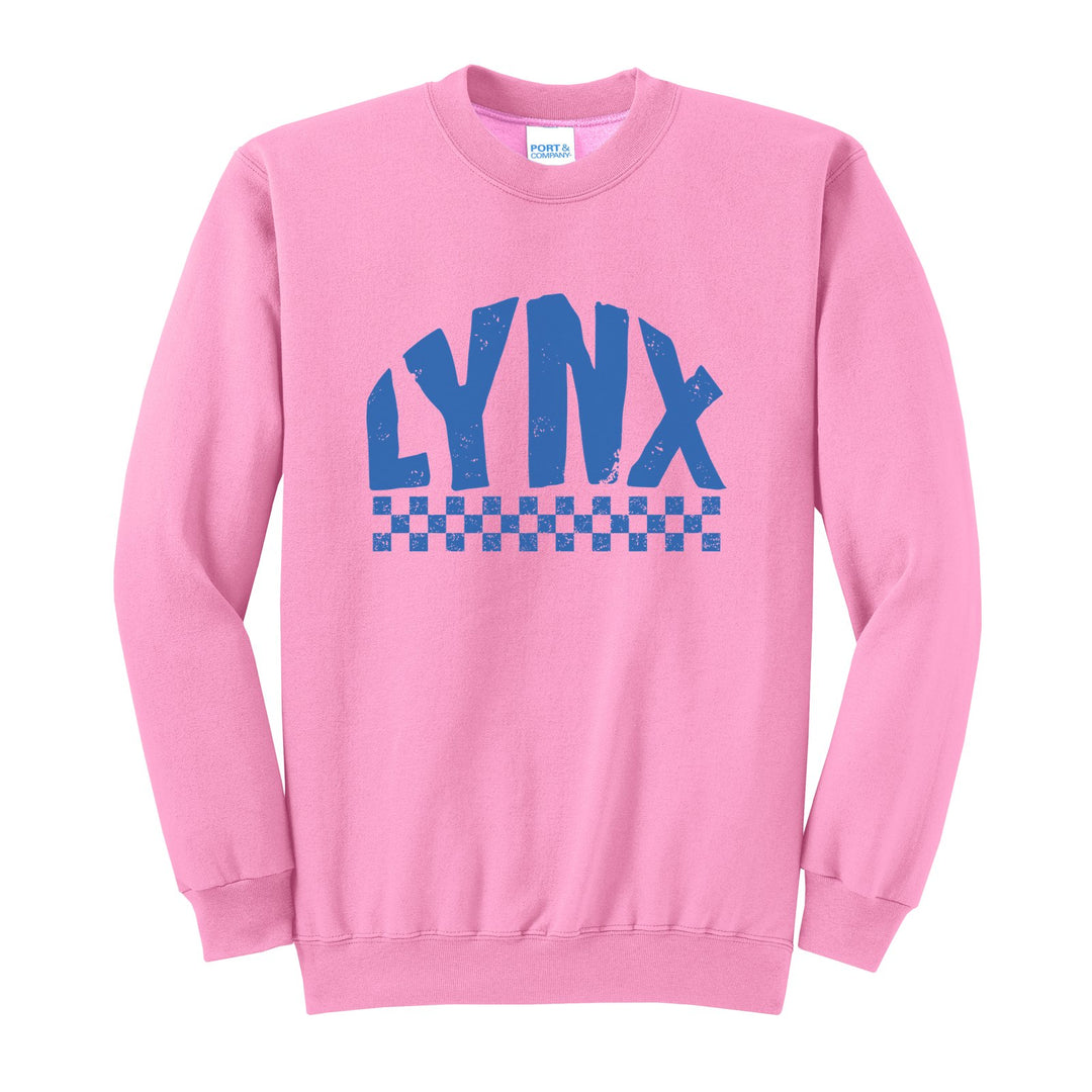 Oley Valley Lynx Checkered crewneck sweatshirt in Candy Pink: distressed LYNX lettering over a checkerboard band