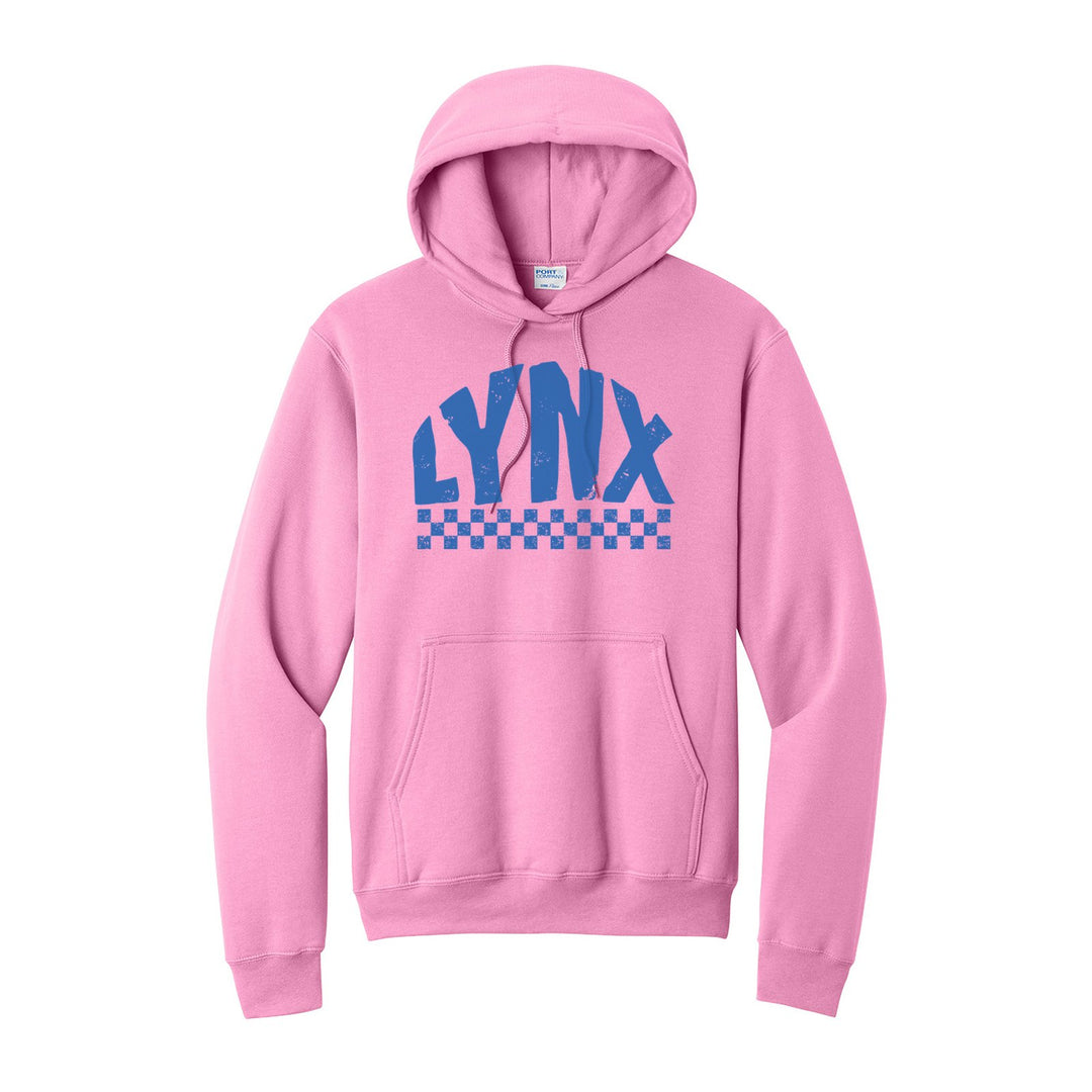 Oley Valley Lynx Checkered hoodie in Candy Pink: distressed LYNX lettering over a checkerboard band