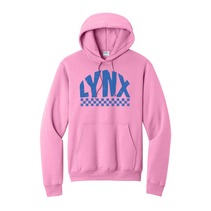 Oley Valley Lynx Checkered hoodie in Candy Pink: distressed LYNX lettering over a checkerboard band