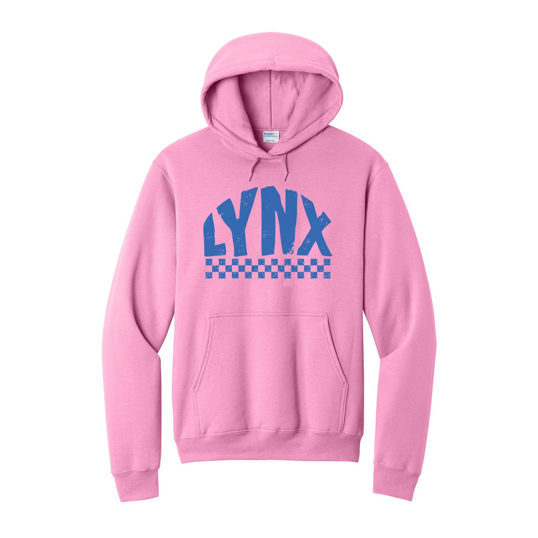 Oley Valley Lynx Checkered hoodie in Candy Pink: distressed LYNX lettering over a checkerboard band