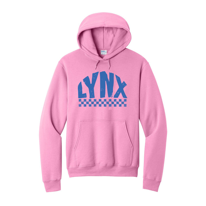 Oley Valley Lynx Checkered hoodie in Candy Pink: distressed LYNX lettering over a checkerboard band