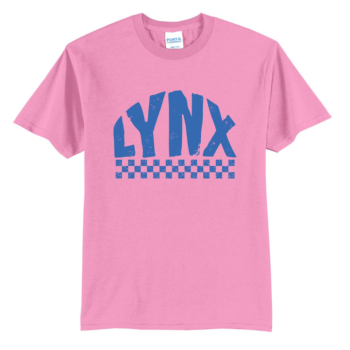 Oley Valley Lynx Checkered t-shirt in Candy Pink: distressed LYNX lettering over a checkerboard band