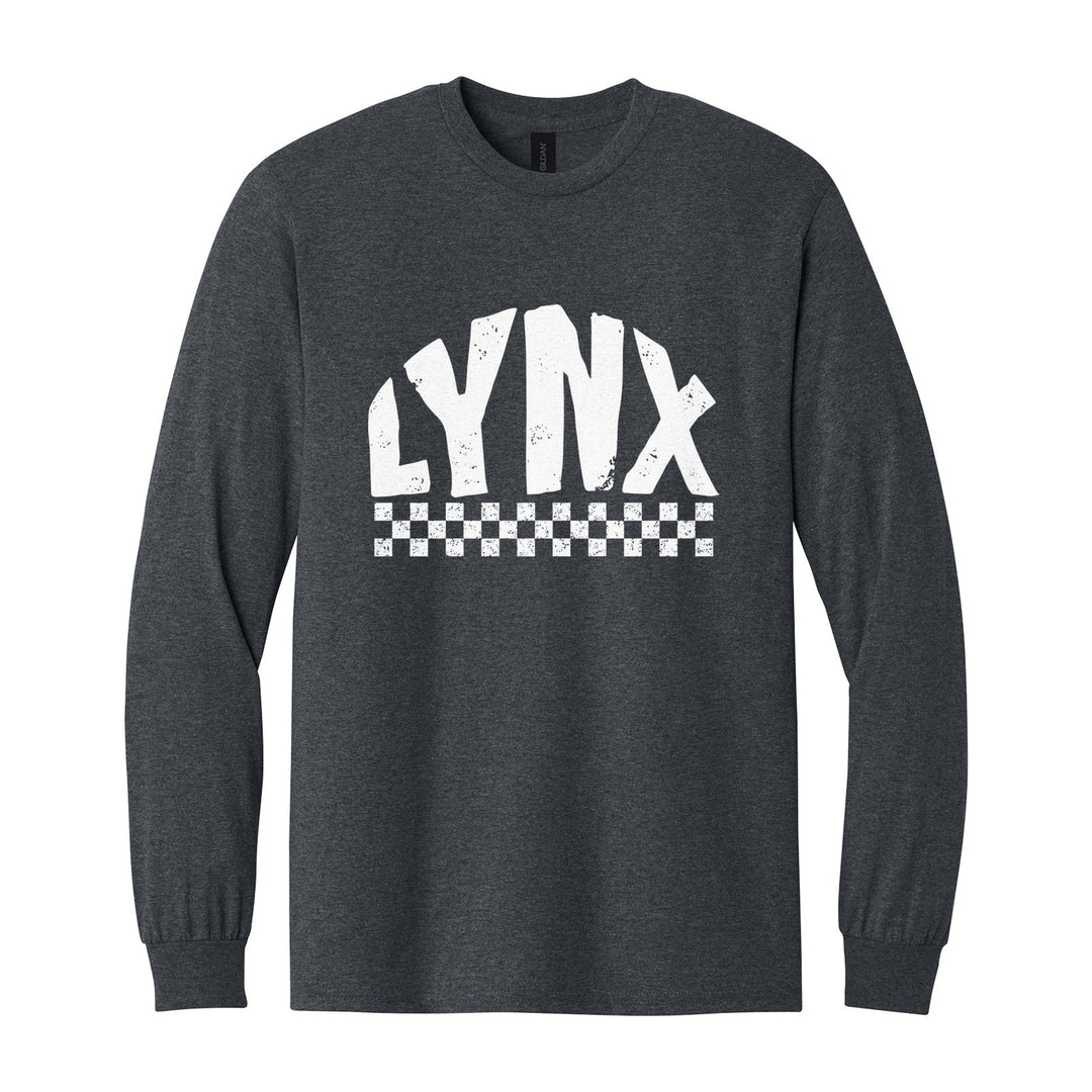 Oley Valley Lynx Checkered long sleeve t-shirt in Dark Heather: distressed LYNX lettering over a checkerboard band